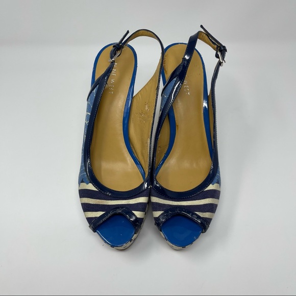 Nine West Blue Patterned Cork Heel Slingback Peep Toe Pumps Size 10 - Picture 2 of 8